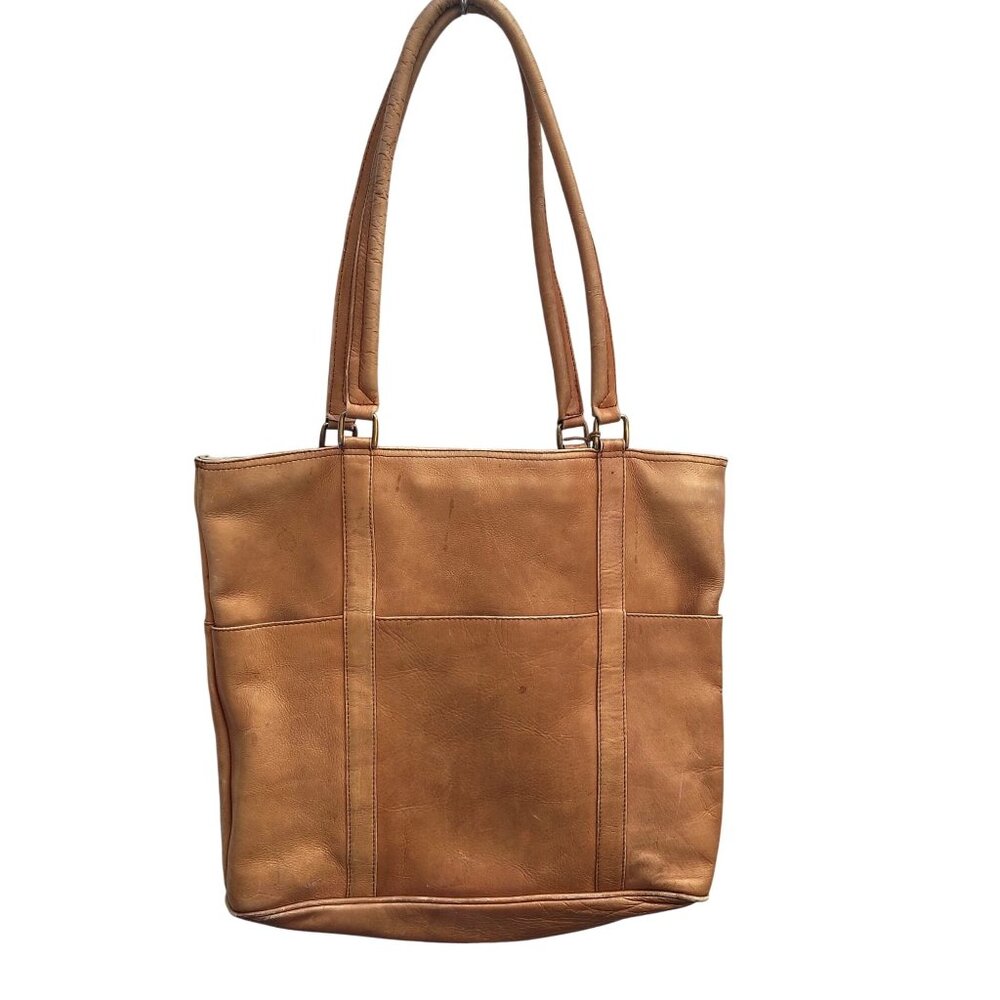 Tan Leather Tote Bag With Dual Handles & Top Zipper Closure